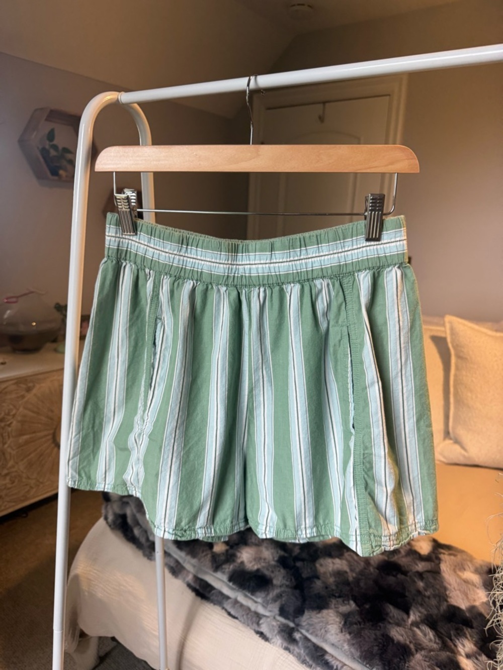 Free People Green and White Striped Women’s Shorts